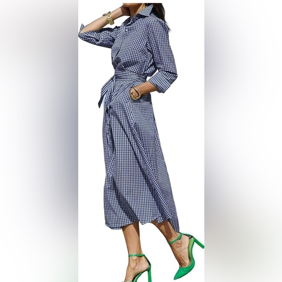 Tahari Dresses & Skirts - NWT Tahari Navy & White Gingham Long Sleeve Shirt Dress